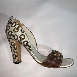 GUCCI size 39B cream linen block heel d'Orsay pumps with bamboo accent at vamp